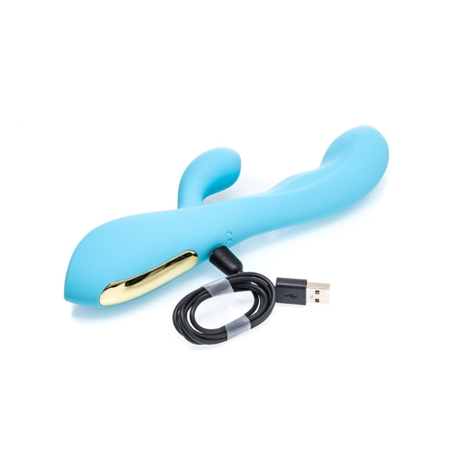 Dwusilnikowy ciepły pieszczoch wibrator z królikiem i funkcją lekkiego grzania, błękit cyjanowy, 23 cm / 12,5 wkładane