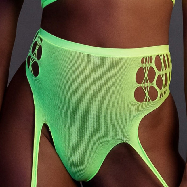 Fluorescencyjny, świecący dwuczęściowy kostium krótki top + pas z pończochami, neonowa zieleń rozmiar XS/XL