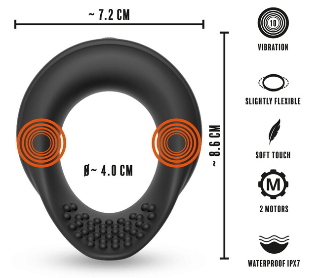 Wibrujący pierścień ring erekcyjny stymulacją jąder, 2 generatory wibracji, silikon, wodoodporny IPX7, Ø 4 cm (rozciągliwe)