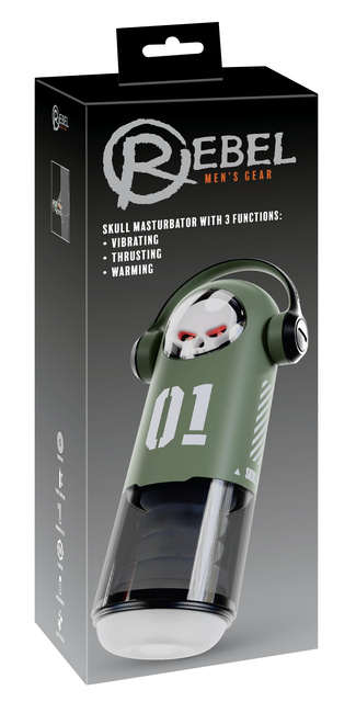 Duży masturbator 3w1 z wibracjami, ruchem posuwistym, z grzaniem i świecącą czaszką