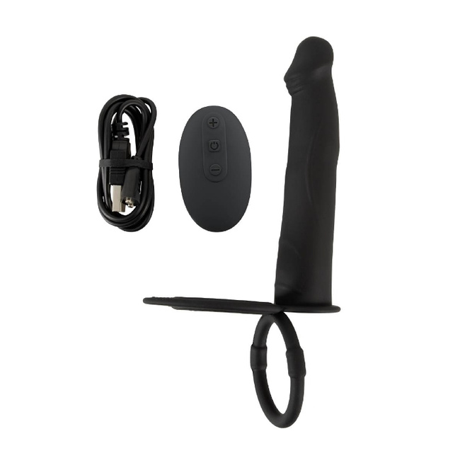 Dildo do podwójnej penetracji z ringiem erekcyjnym i ringiem na jądra, 13,1 cm, na pilota, wodoodporny IPX7, silikon