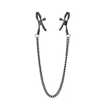 Eleganckie metalowe płaskie klamerki na sutki połączone łańcuszkiem z regulowaną siłą zacisku DELUXE BDSM
