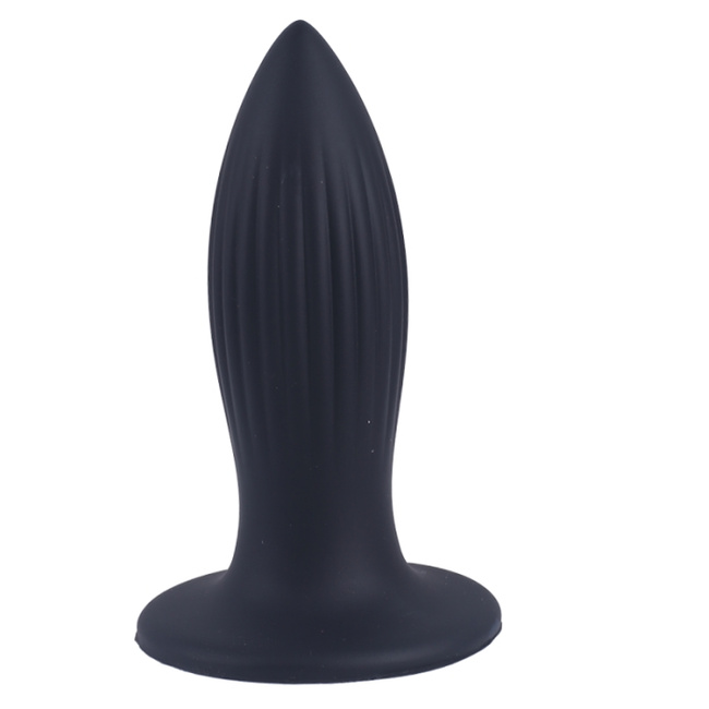 Korek analny, butt plug o klasycznym kształcie, z podłużnymi rowkami i przyssawką, rozmiar średni 11 cm, max Ø 3,7 cm, płynny silikon