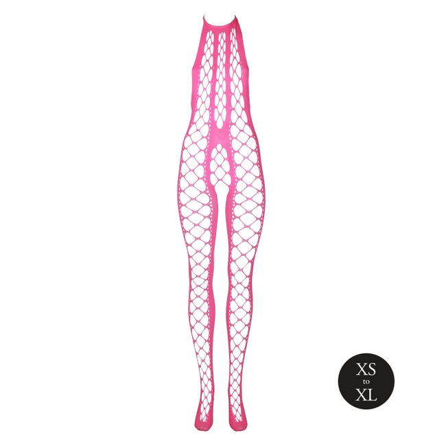 Fluorescencyjny, świecący w ciemnosci siateczkowy kostium z dekoltem typu halter, neonowy róż rozmiar XS/XL