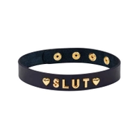 Obroża, naszyjnik, skórzana, z pozłacanym napisem ''SLUT'' choker