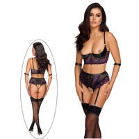 Komplet luksusowej bielizny, 3 części: otwarty biustonosz peek-a-boo, figi z otwartym krokiem i kajdanki, bondage, soft BDSM 