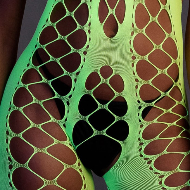 Fluorescencyjny, świecący w ciemnosci siateczkowy kostium z dekoltem typu halter, neonowa zieleń rozmiar XS/XL