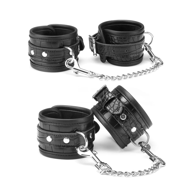 Królestwo pożądania – ośmioczęściowy zestaw do BDSM, bondage,, wiązanie, ekologiczna skóra krokodyla, w kolorze czarnym