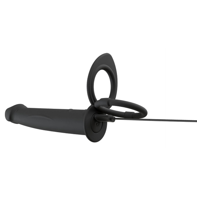 Dildo do podwójnej penetracji z ringiem erekcyjnym i ringiem na jądra, 13,1 cm, na pilota, wodoodporny IPX7, silikon