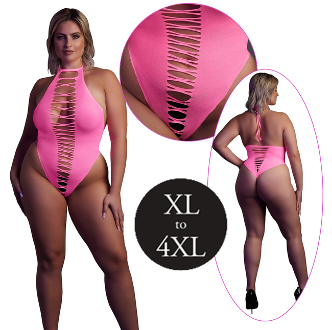 Fluorescencyjne, świecące body z wysokim wycięciem,  neonowy róż rozmiar XL/XXXXL