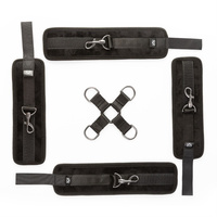 Uprząż do krępowania rąk i nóg SEI MIO, krzyżak hogtie z krótkimi paskami i kajdankami na ręce i nogi,  soft BDSM, bondage