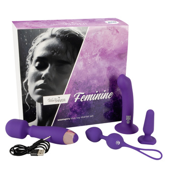 Zestaw startowy dla kobiet , 4 elementy: masażer z wibracjami, plug anal, kulki waginalne i dildo z przyssawką