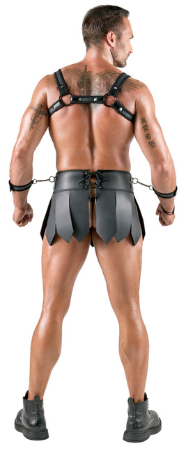Gladiator zestaw: pas z krótką spódniczką, harnes i miękkie kajdanki z karabińczykami, soft BDSM