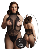 Siateczkowy kostium bodystocking z siatki i koronki z dekoltem typu halter, kolor czarny, rozmiar XL/4XL
