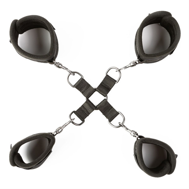 Uprząż do krępowania rąk i nóg SEI MIO, krzyżak hogtie z krótkimi paskami i kajdankami na ręce i nogi,  soft BDSM, bondage
