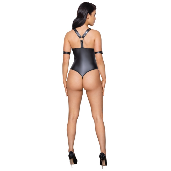 Seksowne body z odkrytym przodem i otwartym krokiem, z materiału wet-look, bondage, soft BDSM