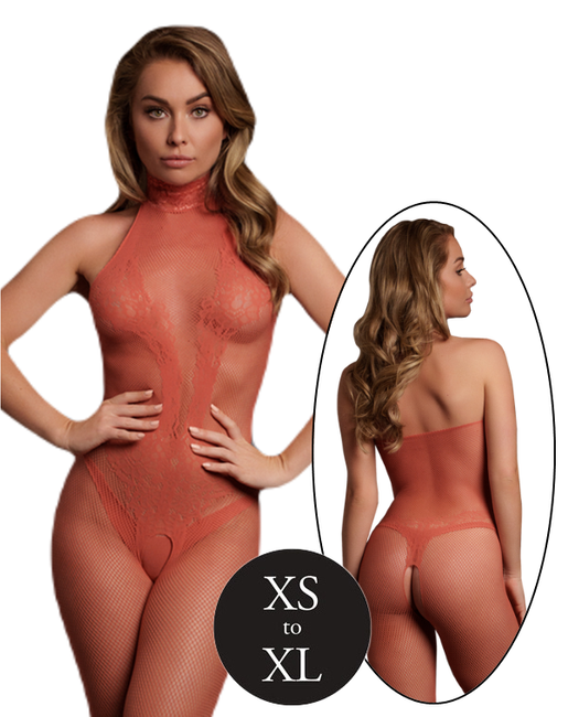 Siateczkowy kostium bodystocking z siatki i koronki z dekoltem typu halter, kolor czerwony, rozmiar XS/XL