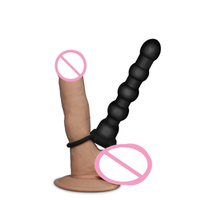 Wibrujący silikonowy strap-on na penisa i jądra do podwójnej penetracji
