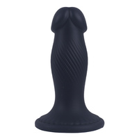 Korek analny, butt plug z główką penisa, z podłużnymi rowkami i przyssawką, rozmiar średni 11,4 cm, max Ø 3,7 cm, płynny silikon