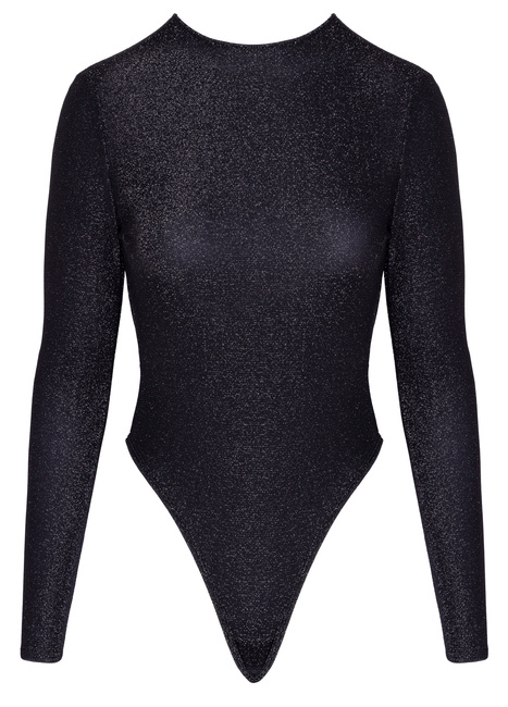 Czarne, delikatnie błyszczące srebrną nitka body z długim rękawem i wycięciami typu Rio na pośladkach