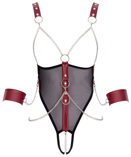 Zmysłowe, seksowne body ouvert z siatki powernet, z łańcuszkami i soft kajdankami, bondage i BDSM