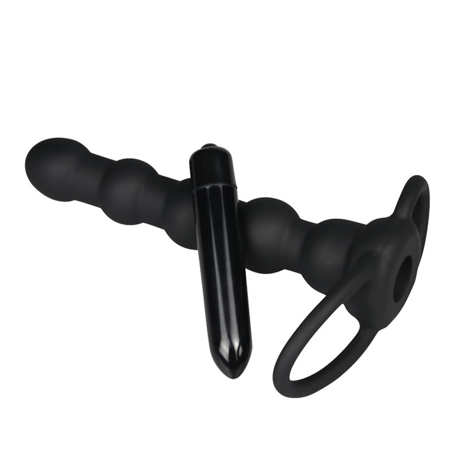 Wibrujący silikonowy strap-on na penisa i jądra do podwójnej penetracji