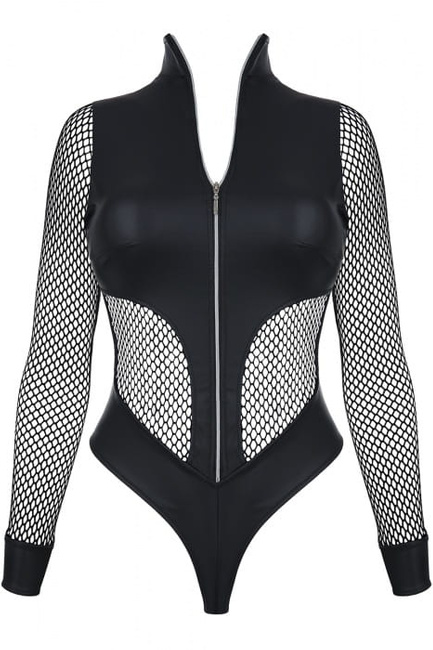 HERA eleganckie body ze srebrnym suwakiem z czarnej EkoSkóry BDSM 