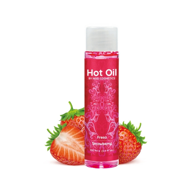 Olejek do masażu i gry wstępnej, smak TRUSKAWKA, zawiera ekstrakt z żeń-szenia, efekt HOT rozgrzewający, jadalny, bez cukru, bez glutenu, 100% wegański, 100 ml