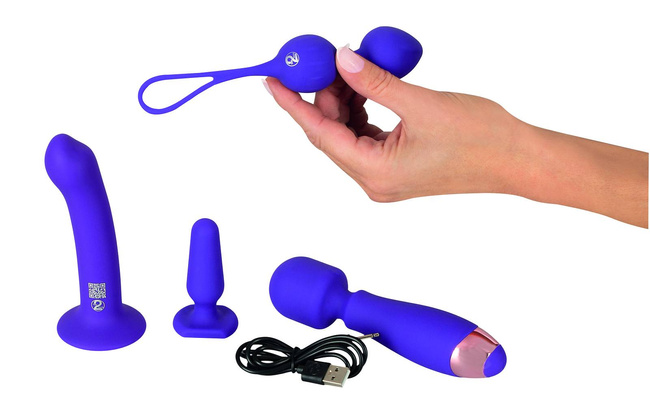 Zestaw startowy dla kobiet , 4 elementy: masażer z wibracjami, plug anal, kulki waginalne i dildo z przyssawką