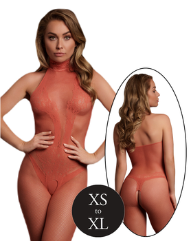 Siateczkowy kostium bodystocking z siatki i koronki z dekoltem typu halter, kolor czerwony, rozmiar XS/XL