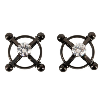 Okrągłe metalowe klamerki na sutki z kryształkiem i regulacją nacisku, czarne 