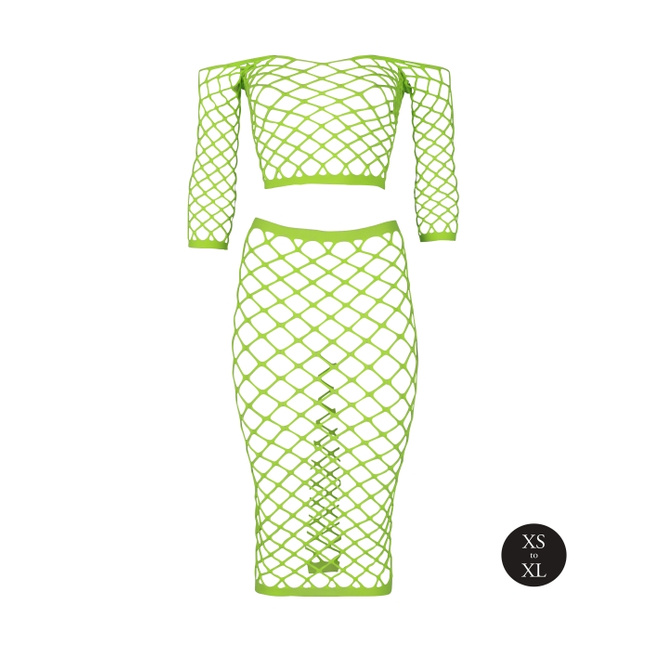 Fluorescencyjny, świecący, dwucześciowy kostium - krótki top z długim rękawem + długa sukienka, neonowa zieleń rozmiar XS/XL