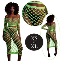 Fluorescencyjny, świecący, dwucześciowy kostium - krótki top z długim rękawem + długa sukienka, neonowa zieleń rozmiar XS/XL