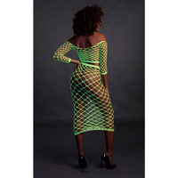 Fluorescencyjny, świecący, dwucześciowy kostium - krótki top z długim rękawem + długa sukienka, neonowa zieleń rozmiar XS/XL