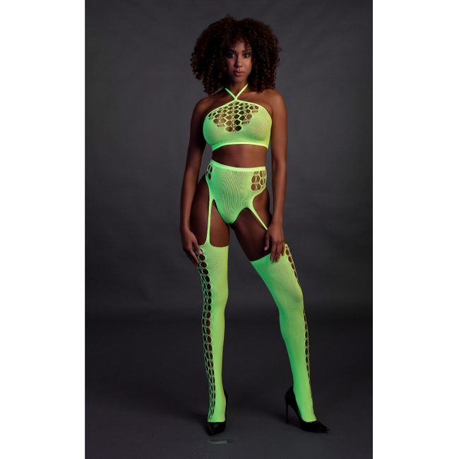 Fluorescencyjny, świecący dwuczęściowy kostium krótki top + pas z pończochami, neonowa zieleń rozmiar XS/XL