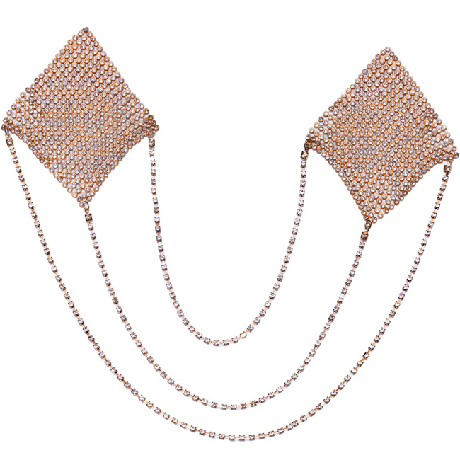 Nakładki naklejki na sutki ze złocistego łańcuszka z kryształkami jak brylanciki, połączone łańcuszkami.