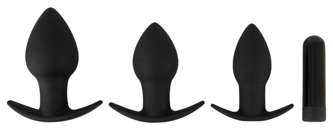 Zestaw trzech wibrujących korków analnych Ø 3,3 cm, Ø 3,9 cm, Ø 4,5 cm, wymienny bulletem, silikon