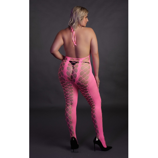 Fluorescencyjny, świecący w ciemnosci siateczkowy kostium z dekoltem typu halter, neonowy róż rozmiar XL/XXXXL