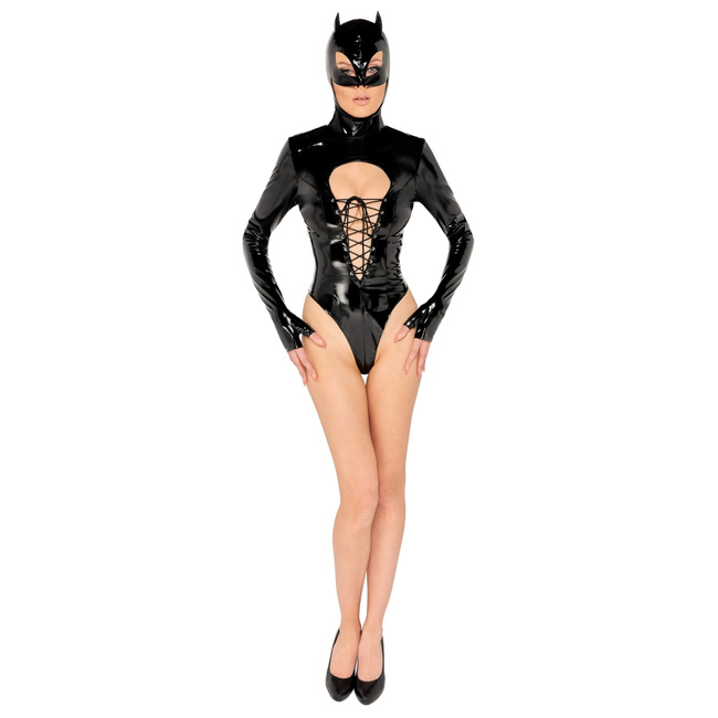 Body sznurowane z maską z uszami Black Level - Vinyl Body & Mask S