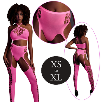 Fluorescencyjny, świecący dwuczęściowy kostium krótki top + pas z pończochami, neonowy róż rozmiar XS/XL