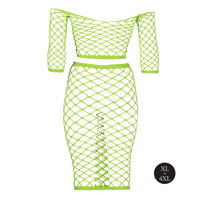 Fluorescencyjny, świecący, dwucześciowy kostium - krótki top z długim rękawem + długa sukienka, neonowa zieleń rozmiar XL/XXXXL
