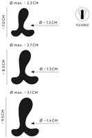 Zestaw trzech korków analnych Ø 2,3 cm, Ø 2,7 cm, Ø 3,1 cm.