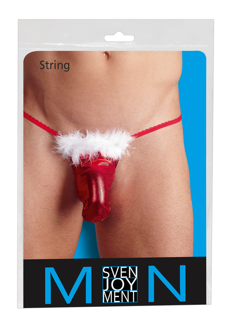 Męskie stringi a’la Mikołaj, świąteczne, z białym futerkiem