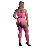 Fluorescencyjny, świecący dwuczęściowy kostium krótki top + pas z pończochami, neonowy róż rozmiar XL/XXXXL