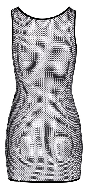 Efektowna sukienka z przezroczystej siateczki, zdobiona błyszczącymi kryształkami, z czarna lamówką