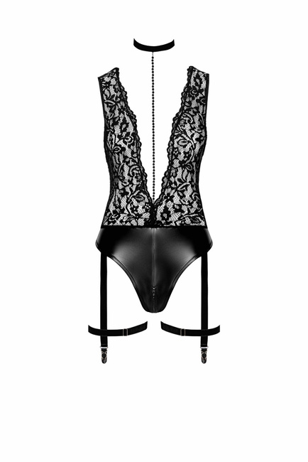 Body koronkowe z wcięciem i głębokim dekoltem,  połączone z majtkami z wetlook, model LIBIDO 