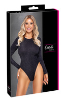 Czarne, delikatnie błyszczące srebrną nitka body z długim rękawem i wycięciami typu Rio na pośladkach