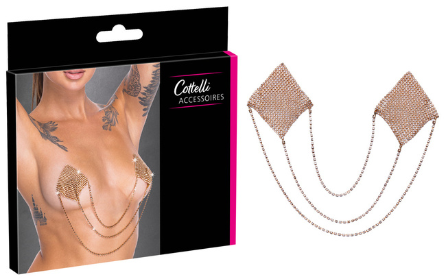 Nakładki naklejki na sutki ze złocistego łańcuszka z kryształkami jak brylanciki, połączone łańcuszkami.