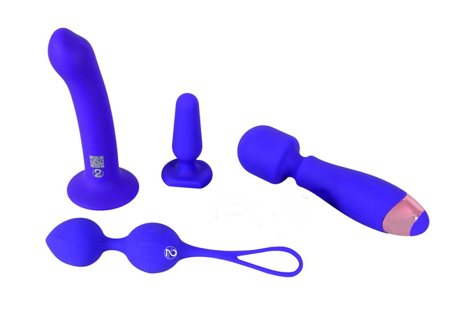 Zestaw startowy dla kobiet , 4 elementy: masażer z wibracjami, plug anal, kulki waginalne i dildo z przyssawką