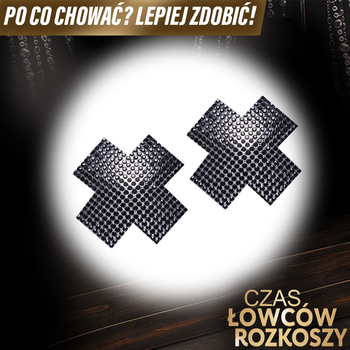 Nakładki naklejki na sutki. W kształcie srebrzystych krzyży pokrytych czarnymi kryształkami, 2 sztuki